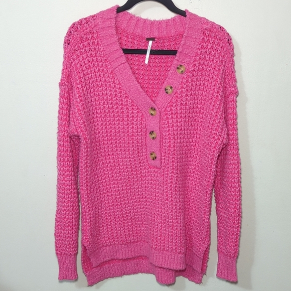 Free People Whistle Thermal Henley Sweater Pink Oversized Chunky Women's Size XS